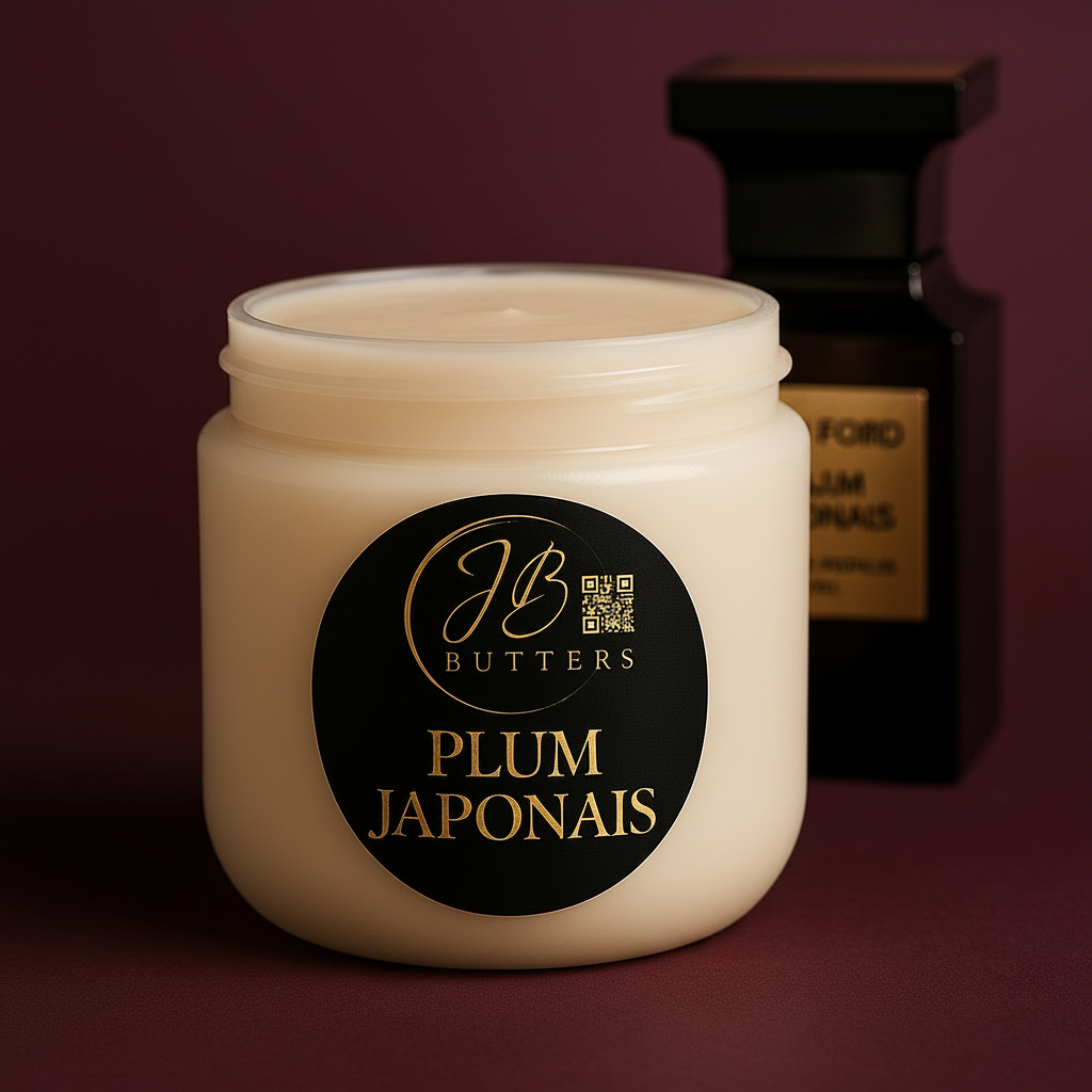 Jar of cream with 'Butters Plum Japonais' label on a dark background