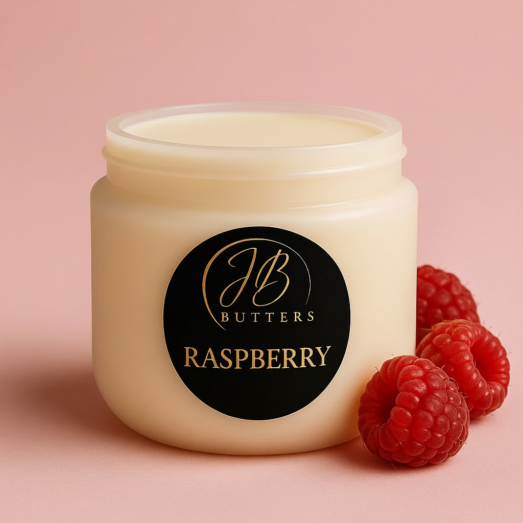 Jar of cream with a raspberry flavor label on a pink background