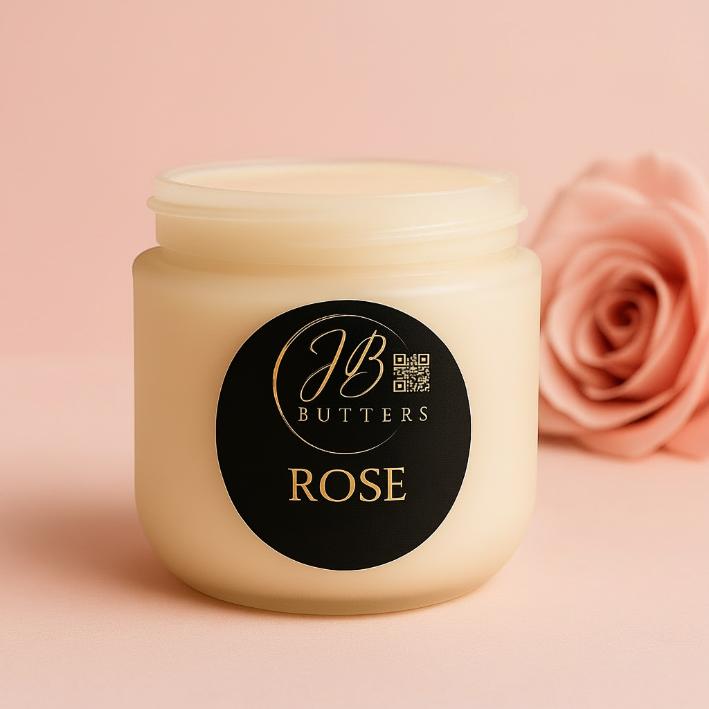 Jar of JB Butters Rose cream with a rose on a pink background