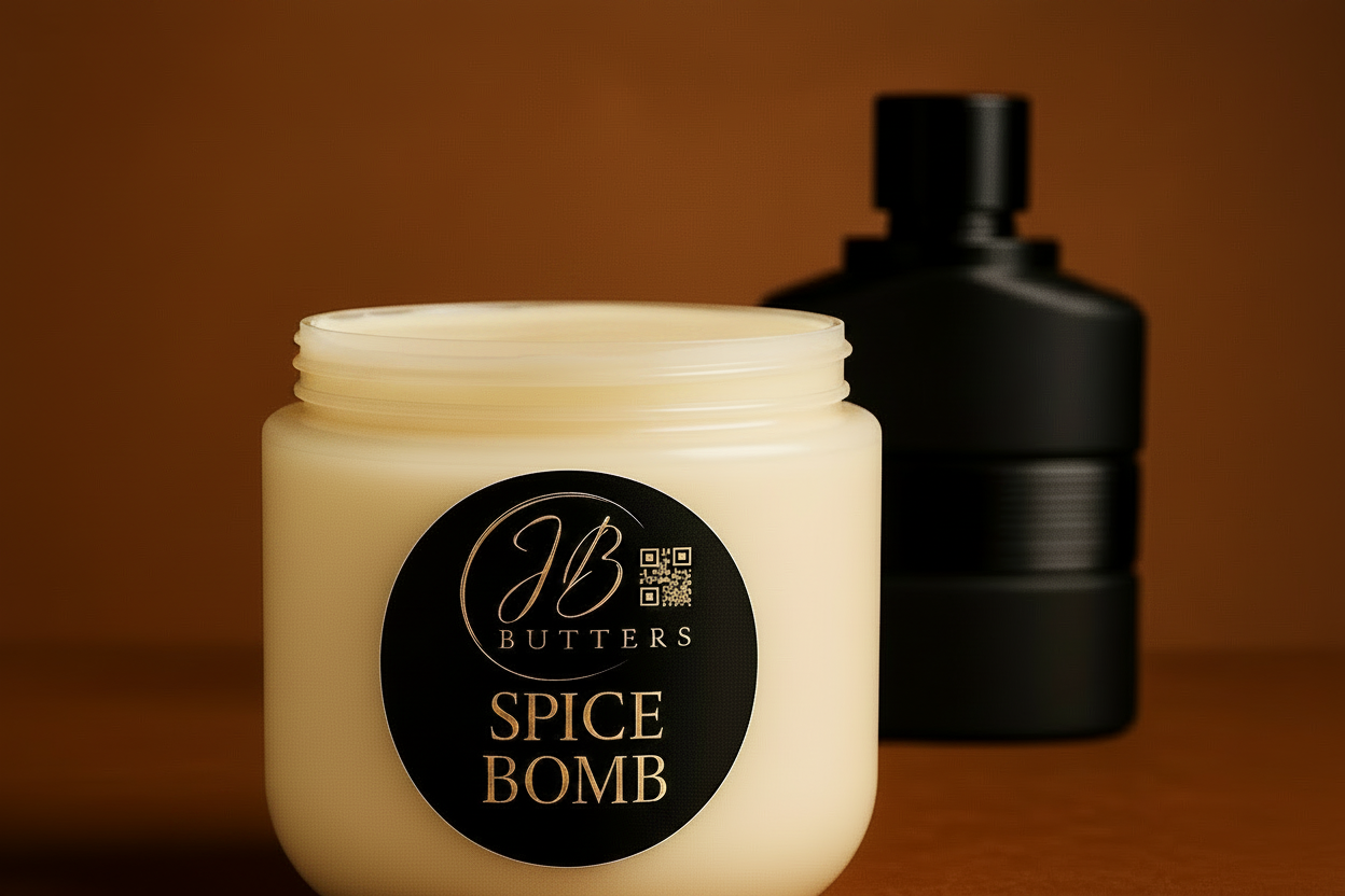 Jar of cream labeled 'Spice Bomb' with a black background