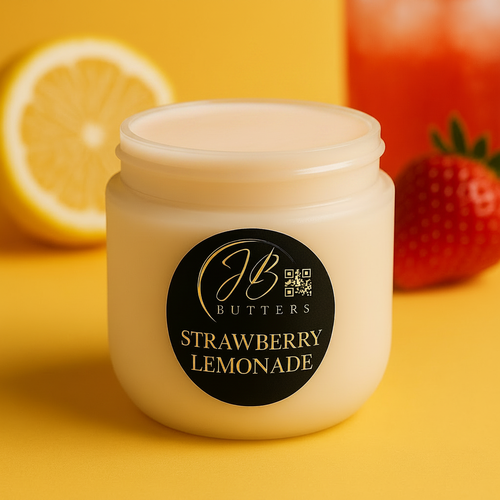 Jar of strawberry lemonade-flavored cream with a lemon and strawberry in the background on a yellow background