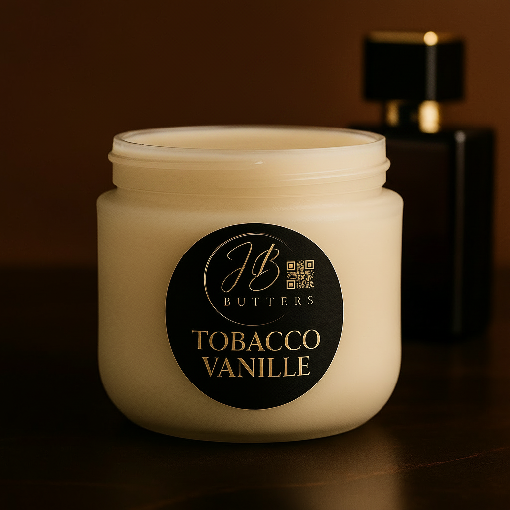 Jar of 'Tobacco Vanille' cream with a visible brand logo on a dark background