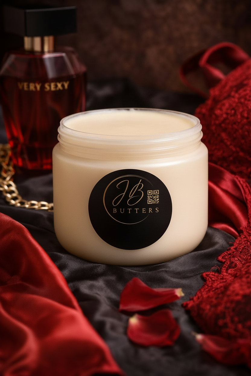 Jar of JB Butters cream with a red bottle labeled 'Very Sexy' in the background.