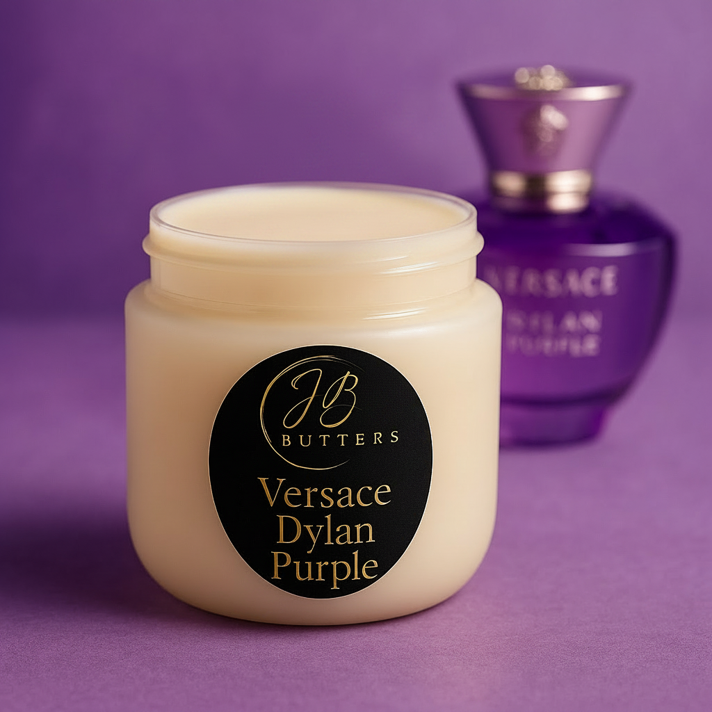 Jar of cream with 'JB Butters' label and 'Versace Dylan Purple' perfume in the background on a purple background