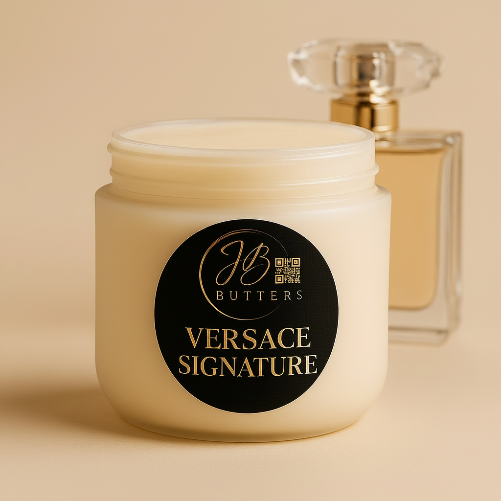 Jar of Versace Signature cream with a perfume bottle in the background on a beige background