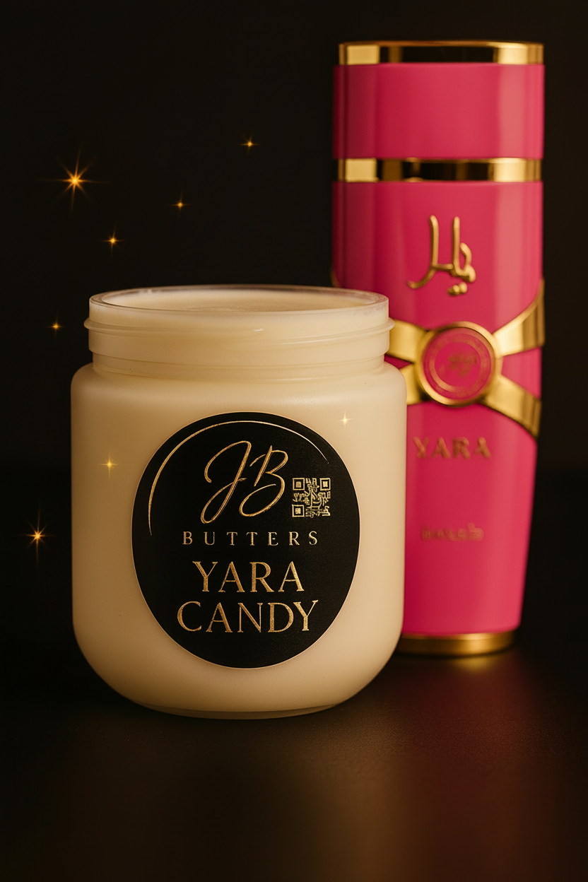 Jar of 'Butters Yara Candy' cream with a pink container in the background on a dark background