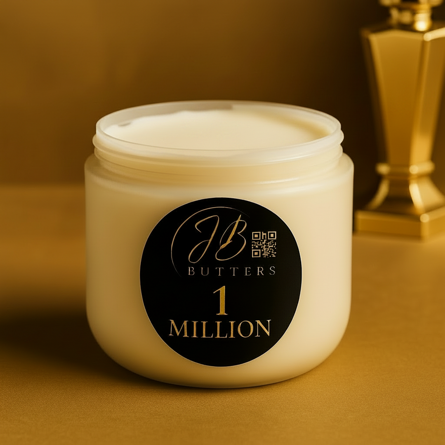 Jar of JB Butters 1 Million cream on a gold background