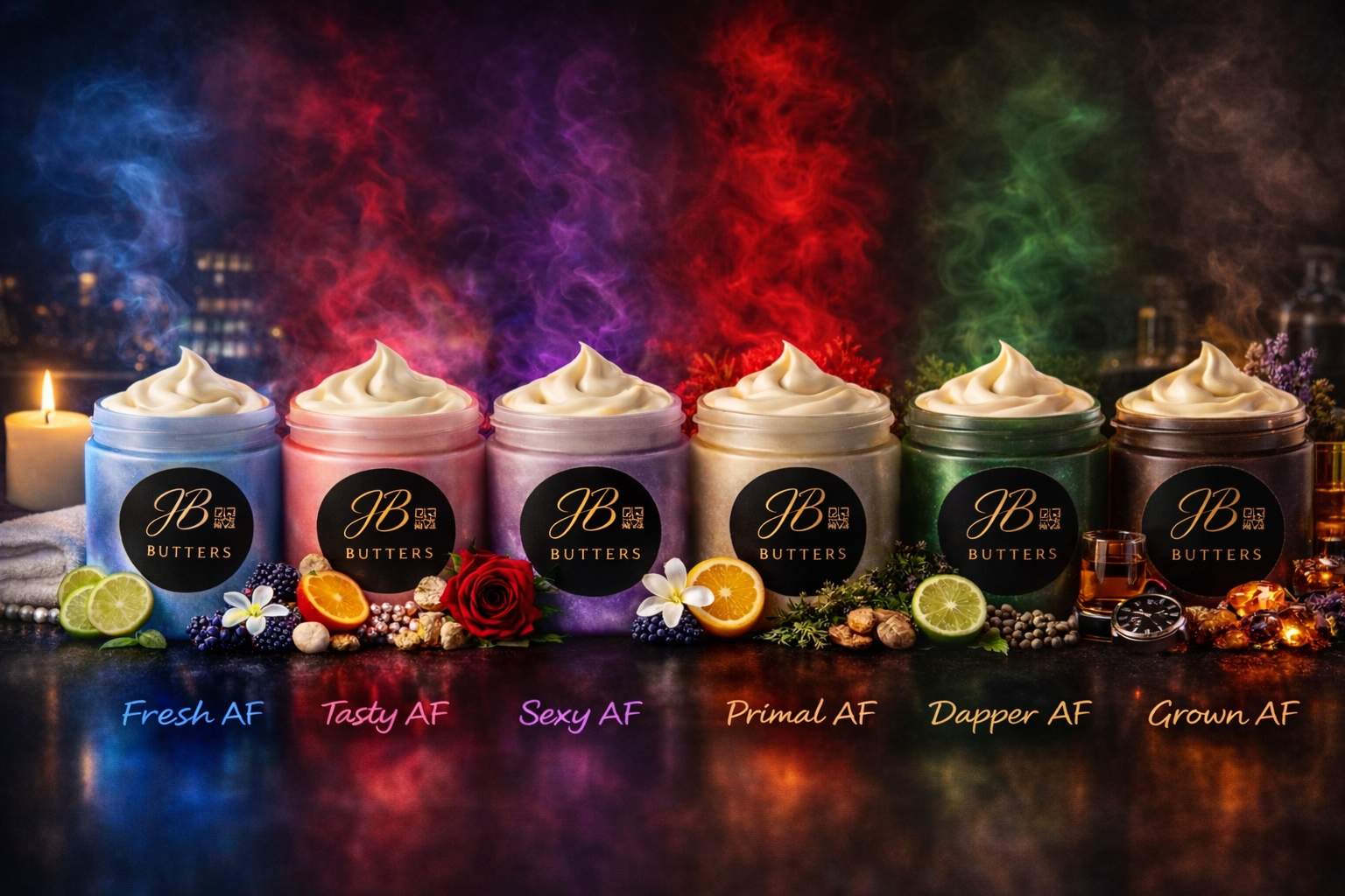 Row of JB Butters products with colorful smoke effects on a dark background