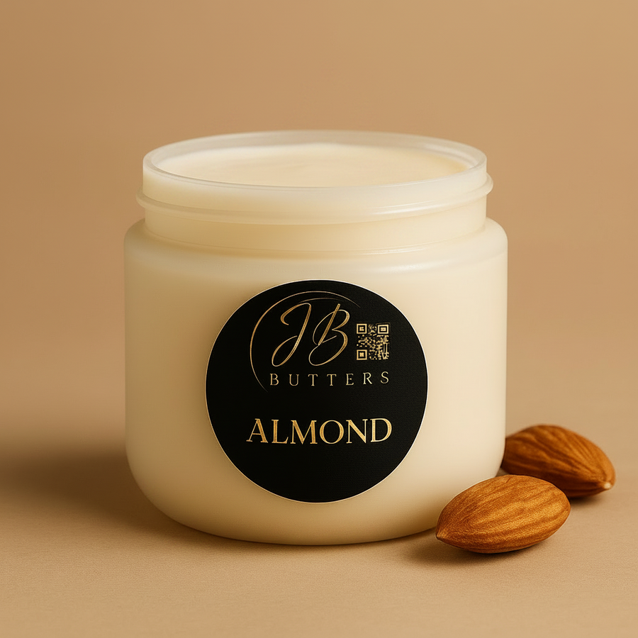Jar of JB Butters Almond cream with almonds on a beige background