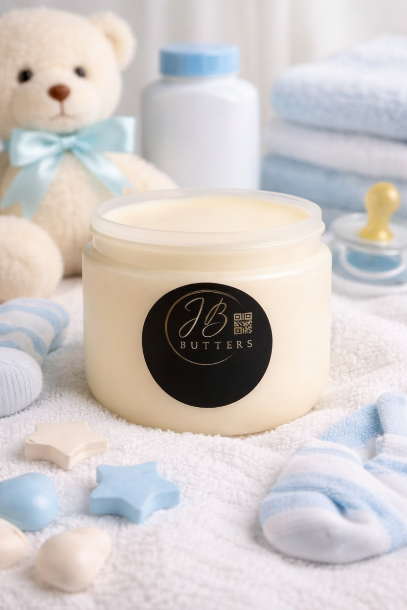 Jar of baby butters with a teddy bear, pacifier, and socks in the background