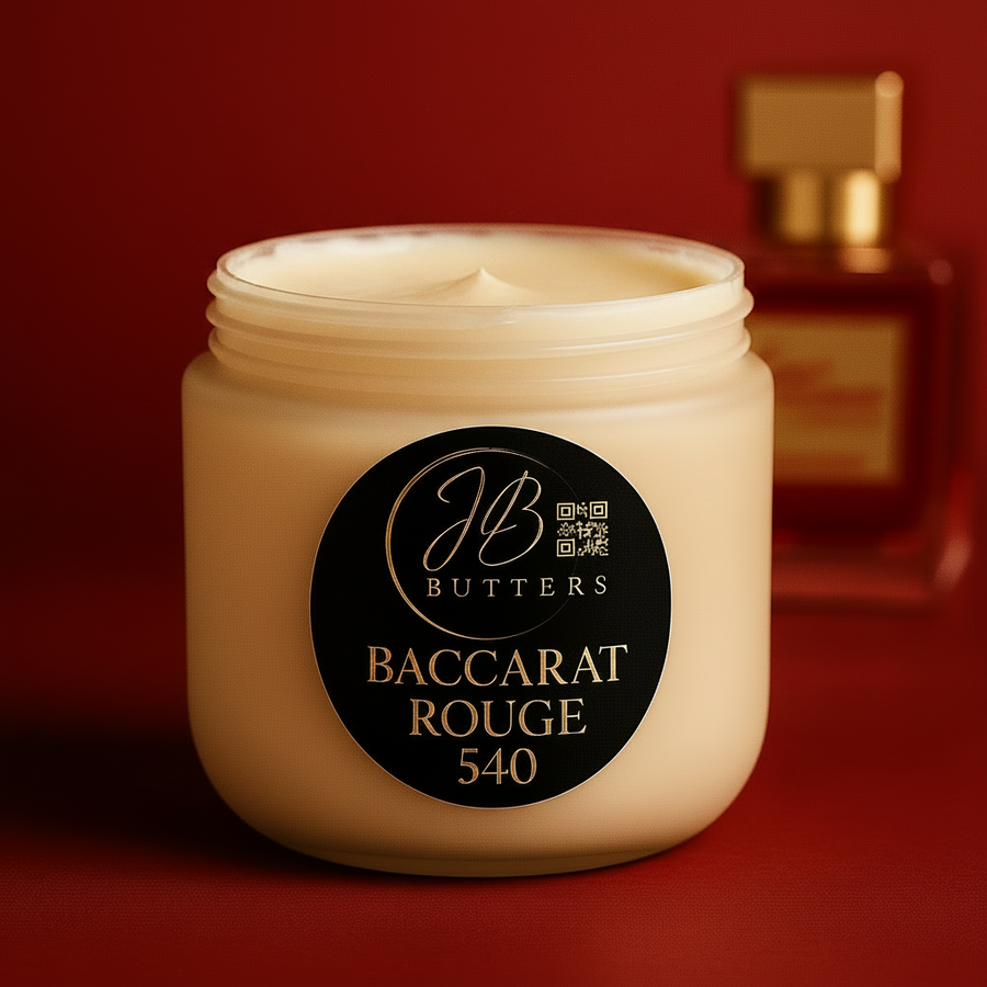 Jar of JB Butters Baccarat Rouge 540 cream on a red background