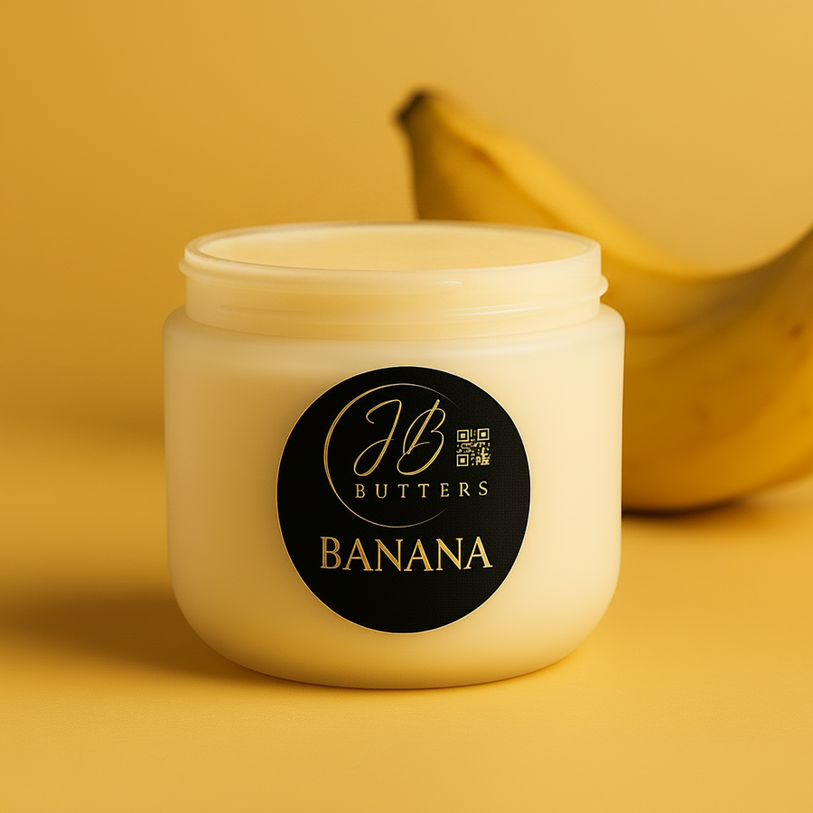 Jar of banana cream with a banana on a yellow background
