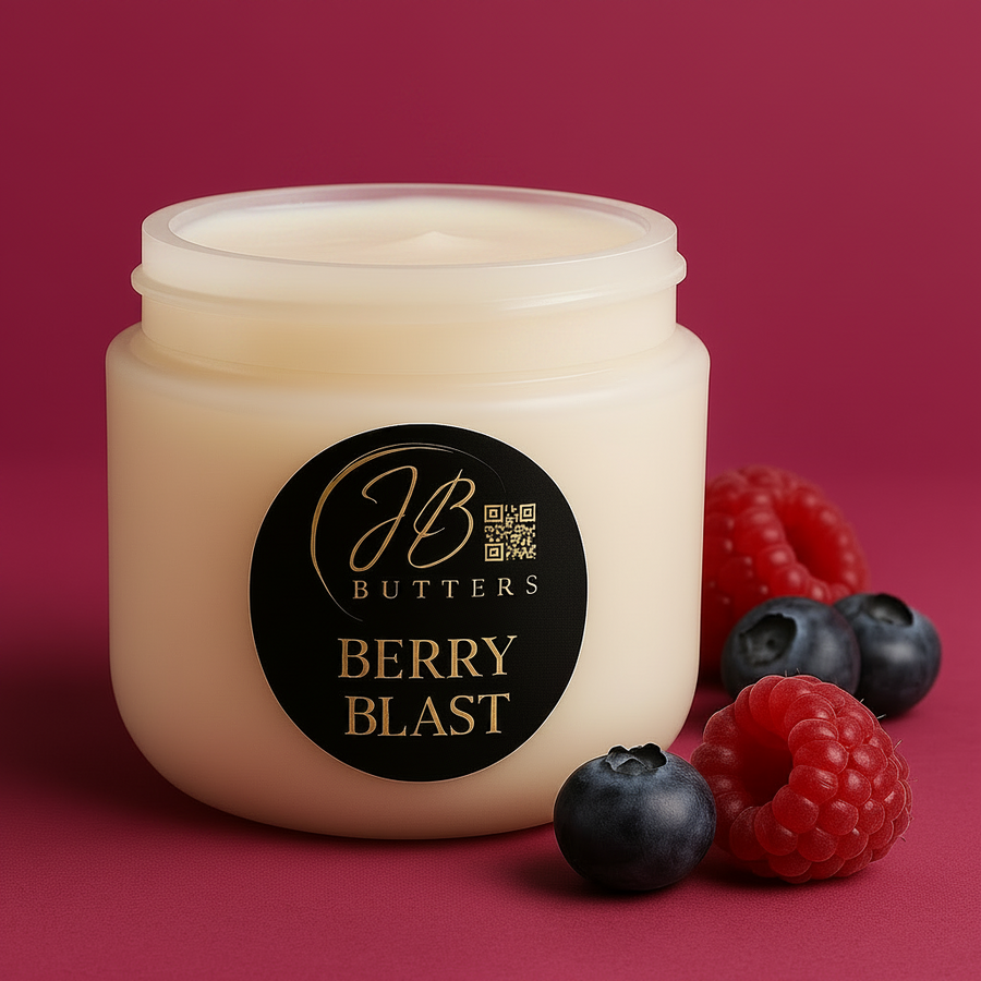 Jar of cream labeled 'Berry Blast' with berries on a red background