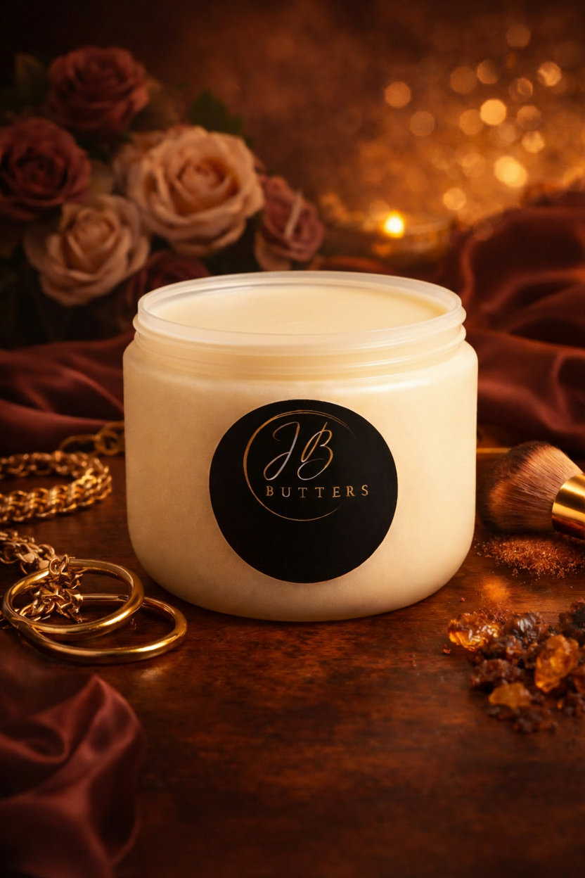 Jar of cream with a visible brand logo on a decorative background with roses and jewelry.