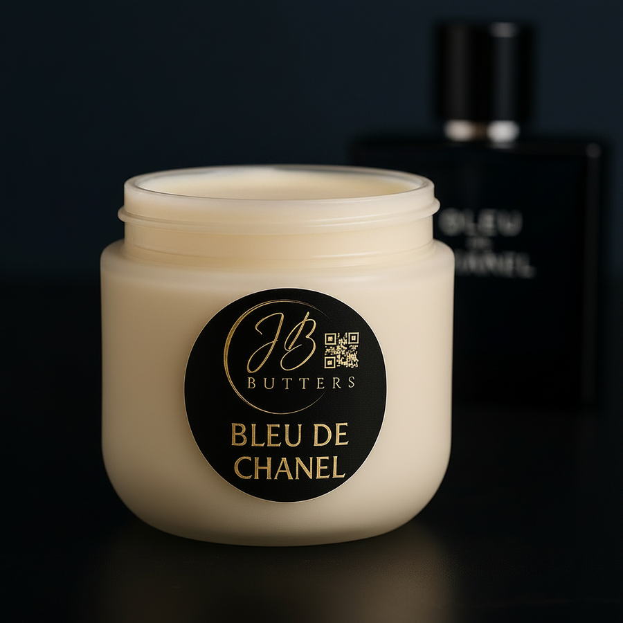 Jar of cream with 'Butters' and 'Bleu de Chanel' branding on a dark background