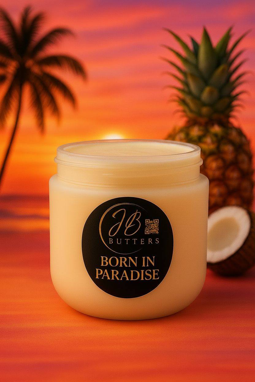 Jar of cream with 'Born in Paradise' label against a sunset beach background