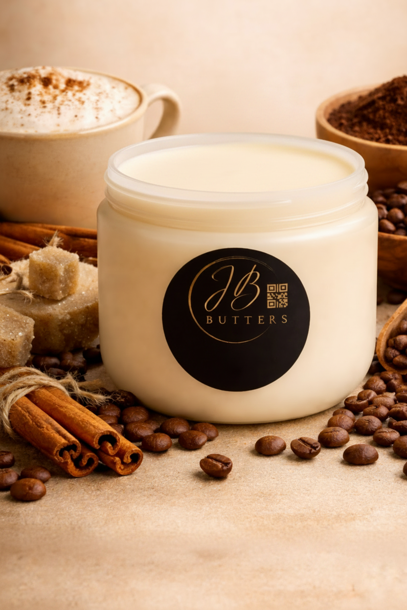 Jar of cream with a 'Butters' logo surrounded by coffee beans, sugar, and cinnamon sticks on a wooden surface.