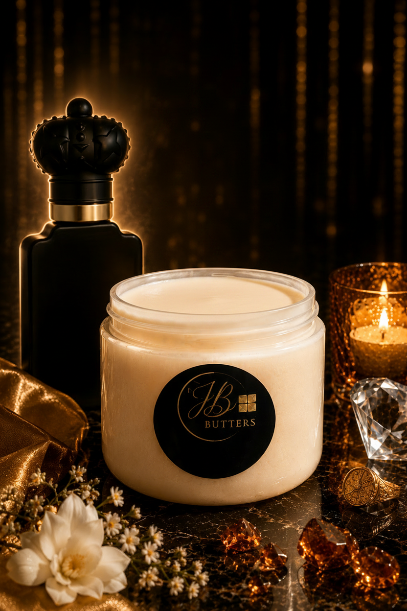 Jar of cream with a black label, next to a perfume bottle and lit candle on a dark background