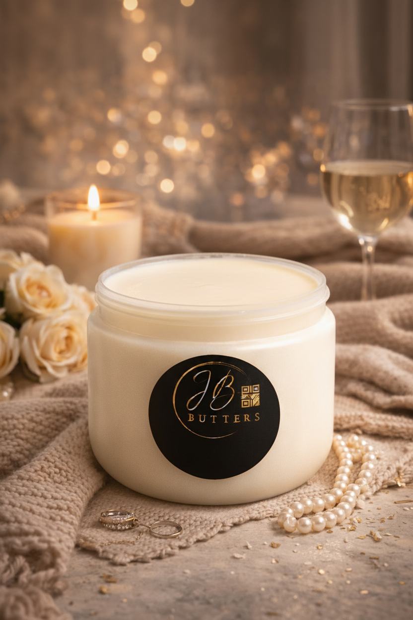 Jar of cream with a visible brand logo on a textured surface with candles and flowers in the background.