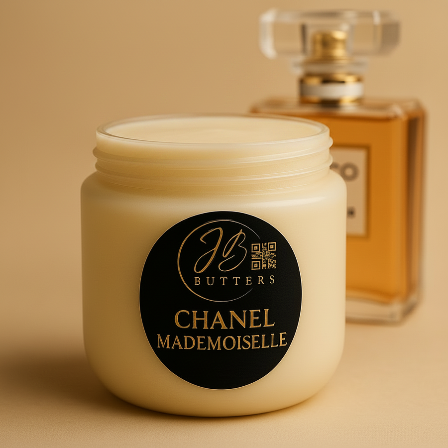 Jar of cream with 'JB Butters' and 'Chanel Mademoiselle' branding on a beige background