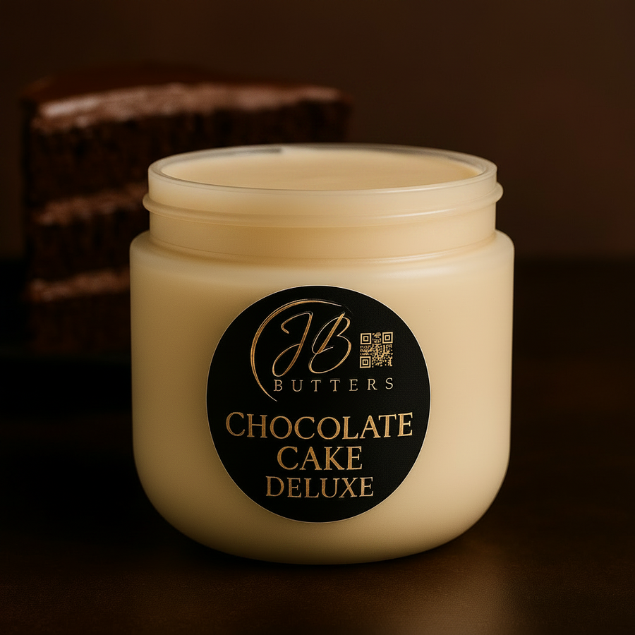 Jar of JB Butters Chocolate Cake Deluxe cream with a brown background