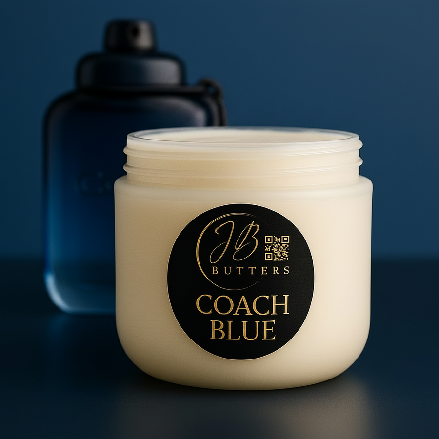 Jar of cream with 'Butters Coach Blue' label on a dark background