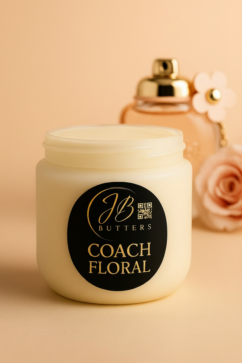 Jar of JB Butters Coach Floral cream with a rose in the background