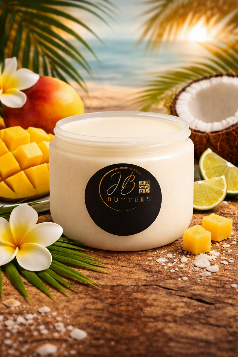 Jar of JB Butters on a wooden surface with tropical fruits and flowers.