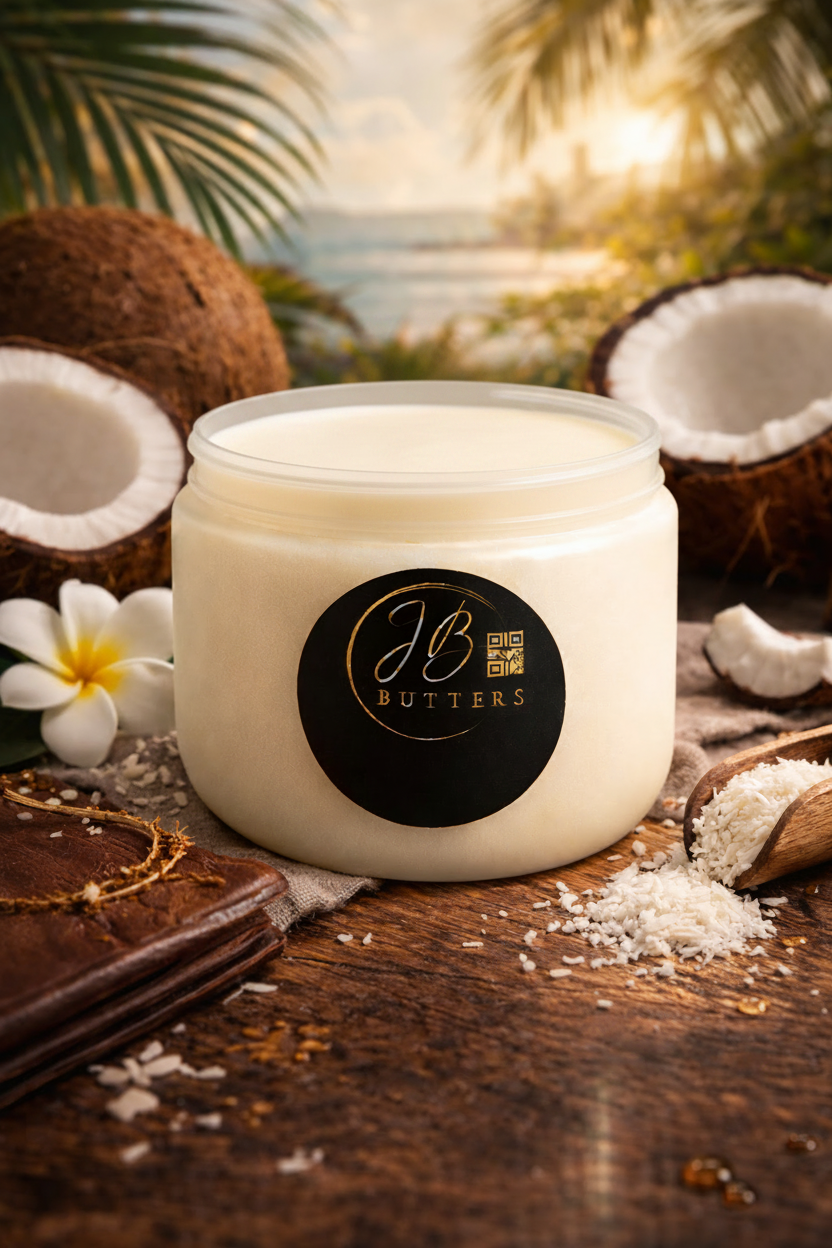 Jar of cream with a coconut and palm leaf background