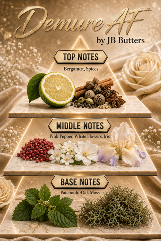 A decorative fragrance notes graphic titled 'Demure AF by JB Butters' arranged like a pyramid with three labeled sections: Top Notes, Middle Notes, and Base Notes. The design uses warm beige and gold tones with illustrated and photographed ingredients including bergamot, spices, pink pepper, white flowers, iris, patchouli, and oak moss, plus roses in the background.
