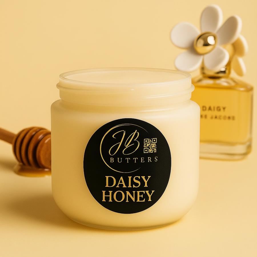 Jar of 'Daisy Honey' butter with a bottle of 'Daisy' perfume on a yellow background