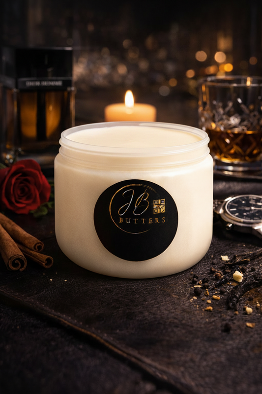Jar of cream with a visible brand logo on a dark surface with decorative items.