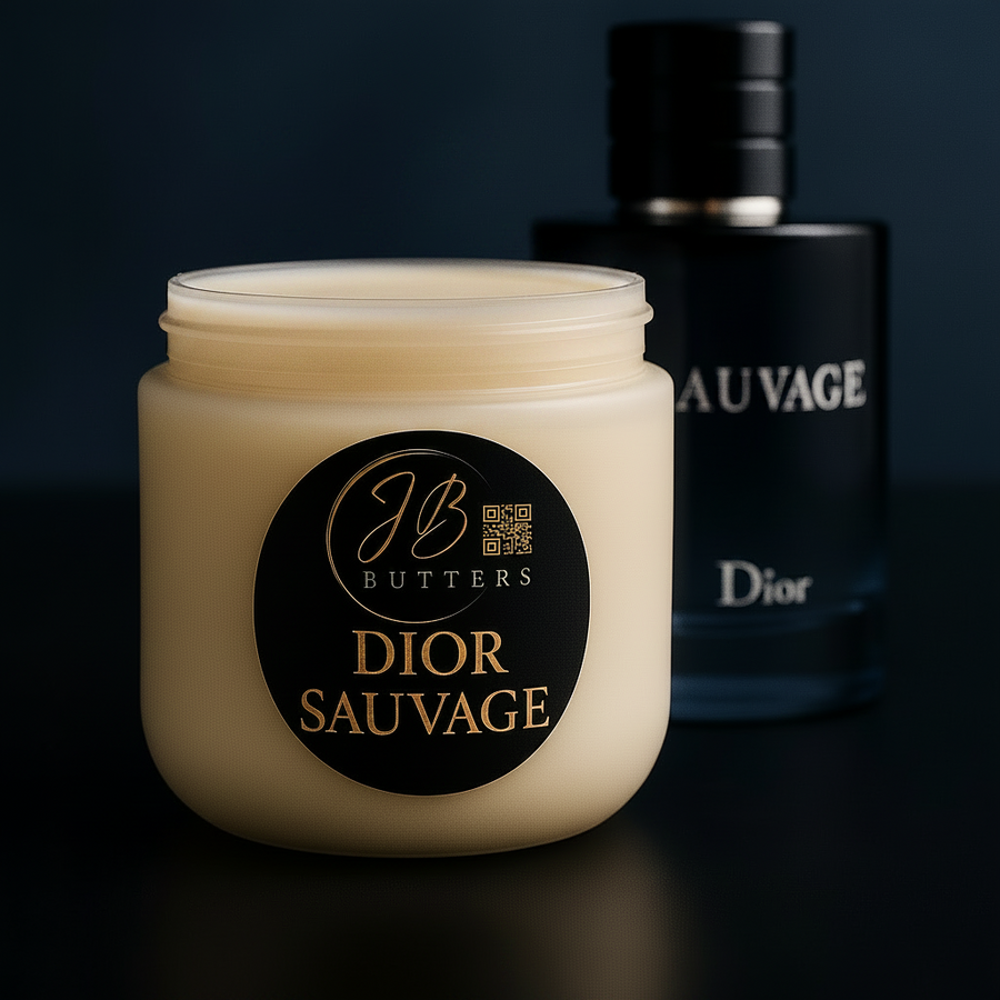 Jar of cream with 'Dior Sauvage' label and a bottle of Dior perfume in the background.