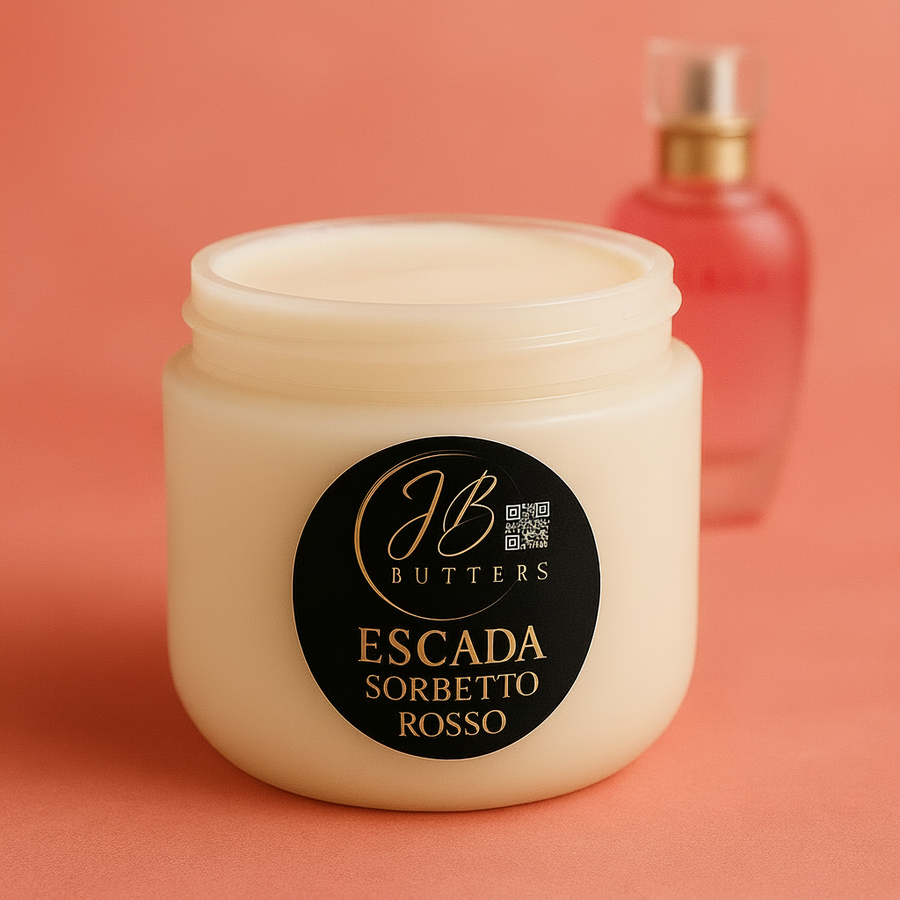 Jar of Escada Butters Sorbetto Rosso on a coral background