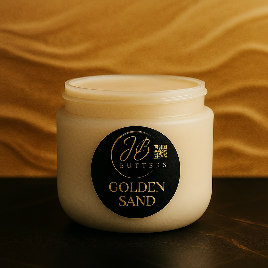 Jar of Golden Sand butter with a visible brand logo on a textured background