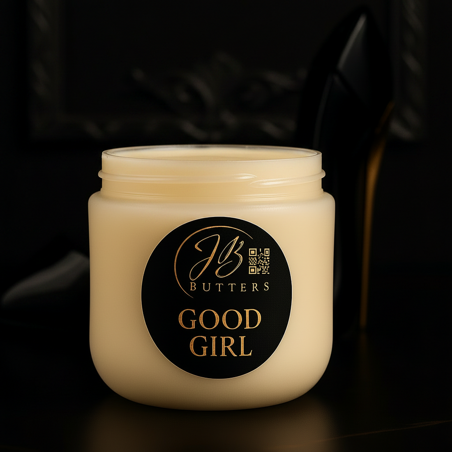 Jar of cream labeled 'Good Girl' by 'JB Butters' on a black background