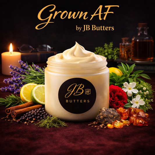 Jar of JB Butters on a dark background with decorative elements and 'Grown AF' text.