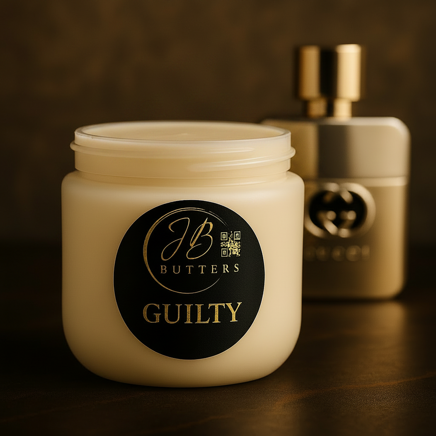 Jar of cream with 'Butters Guilty' label on a dark background