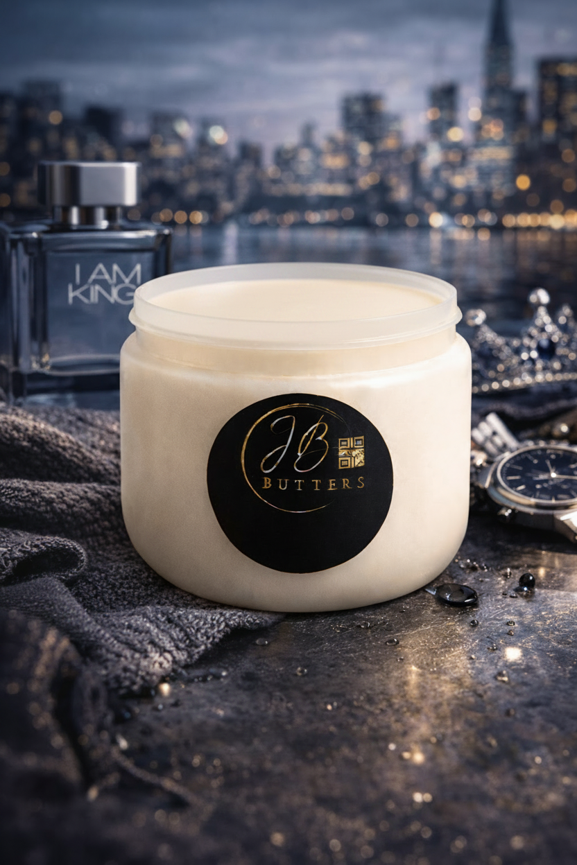 Jar of JB Butters cream with a cityscape in the background