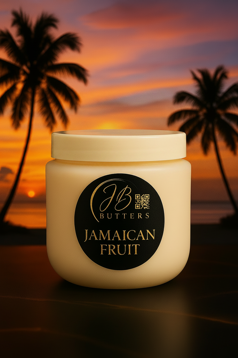 Jar of JB Butters Jamaican Fruit cream with palm trees and sunset in the background