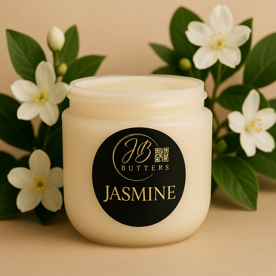 Jar of cream with 'Butters Jasmine' label surrounded by jasmine flowers on a beige background