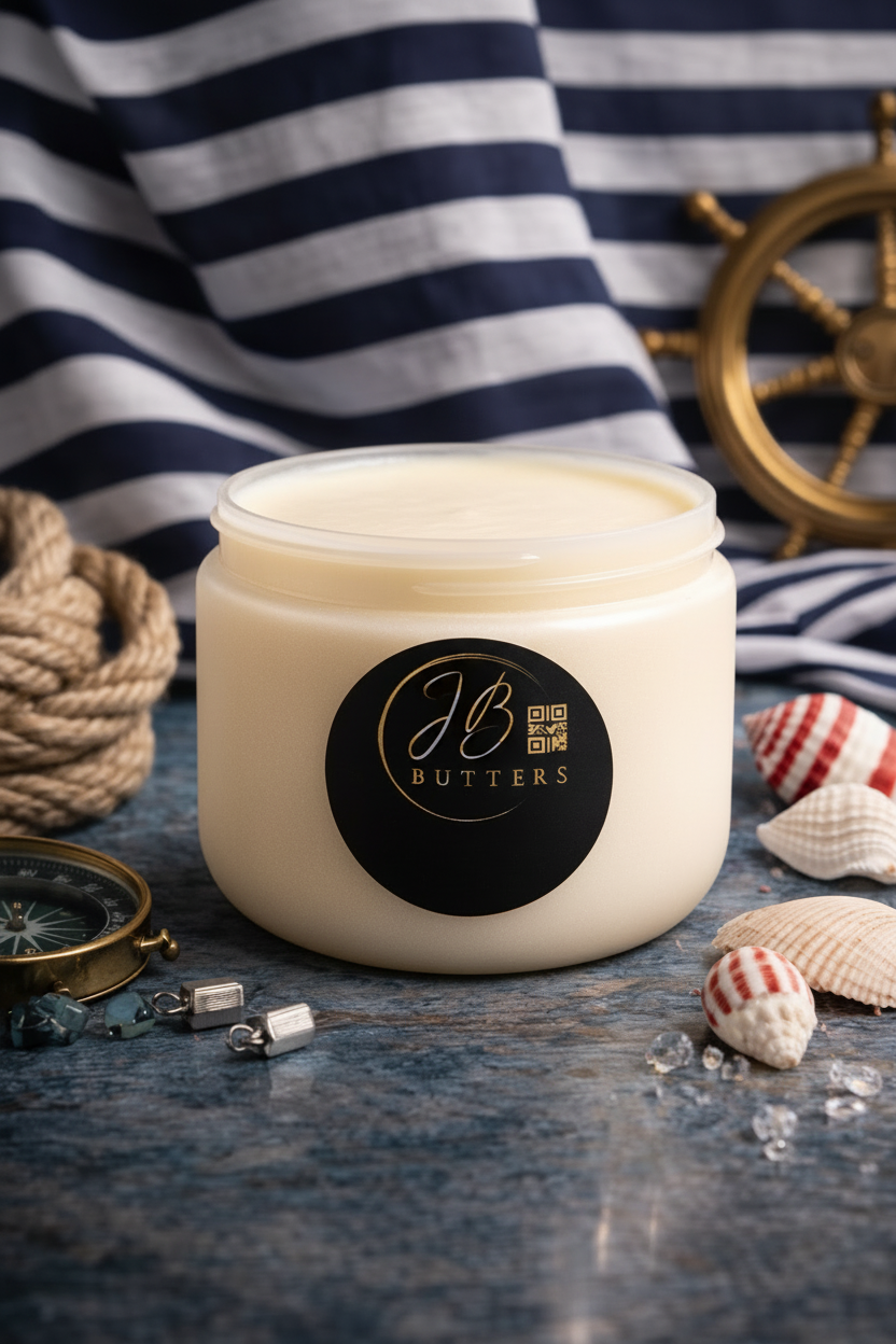 Jar of cream with 'JB Butters' logo on a nautical-themed background