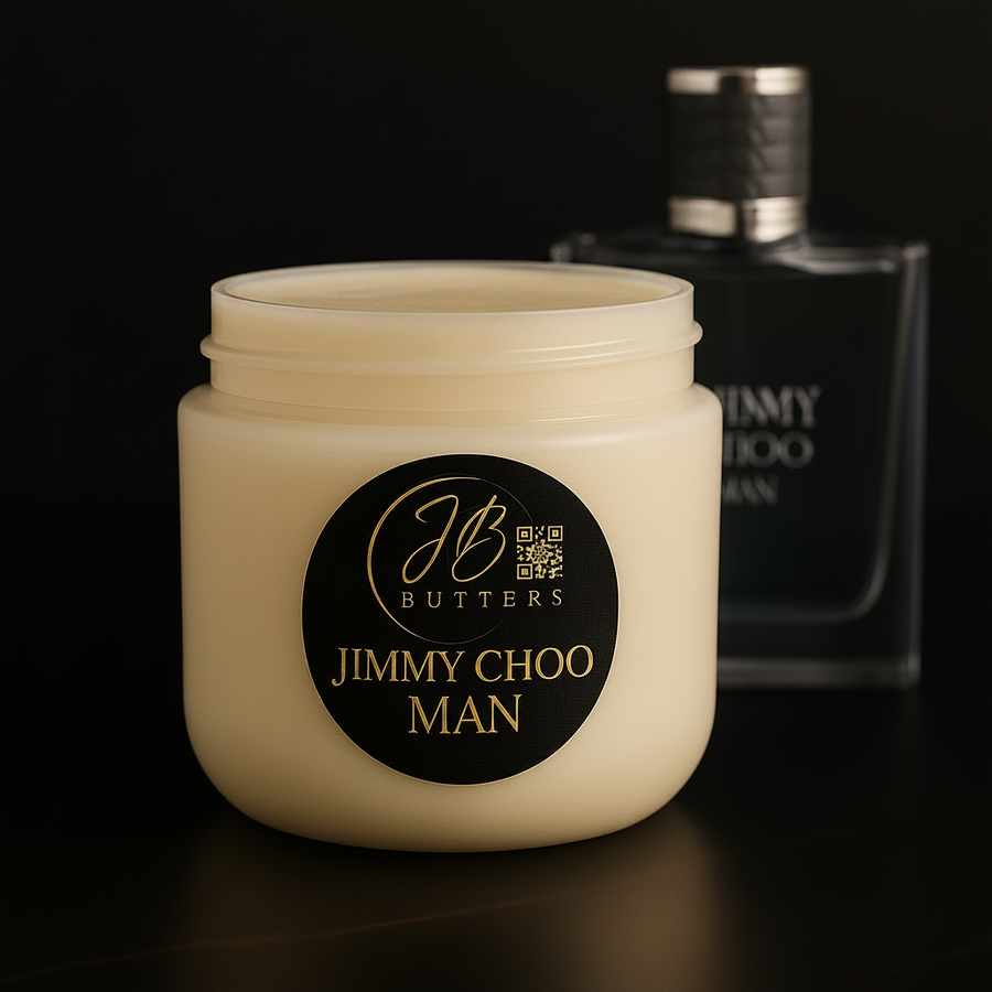 Jar of cream with 'Jimmy Choo Man' branding on a black background