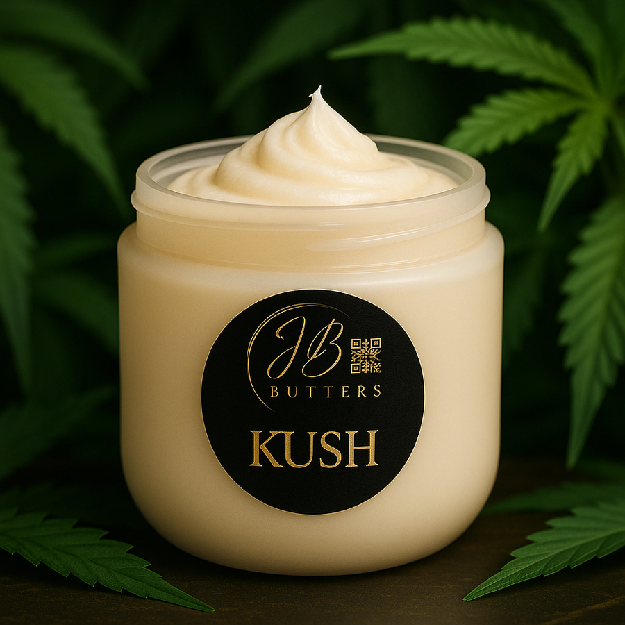 Jar of cream labeled 'JB Butters Kush' with cannabis leaves in the background