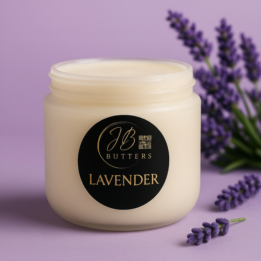 Jar of JB Butters Lavender cream with lavender flowers on a purple background