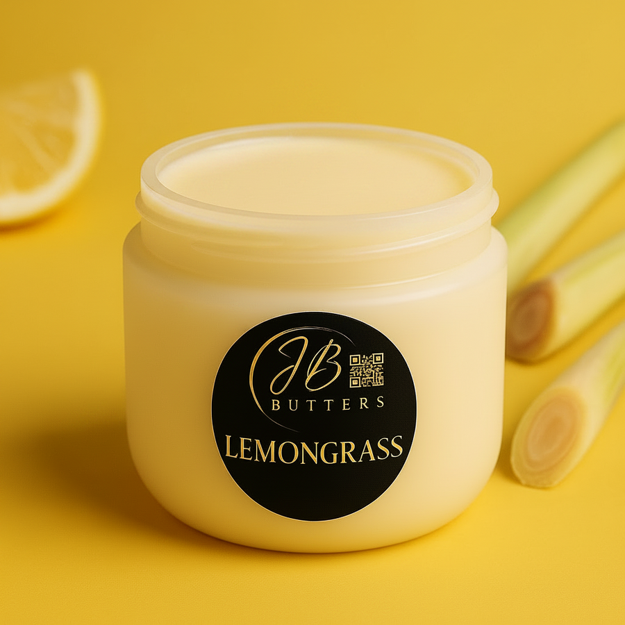 Jar of JB Butters Lemongrass cream on a yellow background