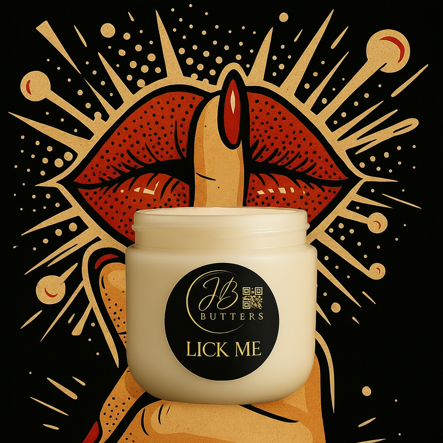 Jar of cream with 'J&H Butters' branding and 'Lick Me' text, surrounded by stylized lips and sun design.