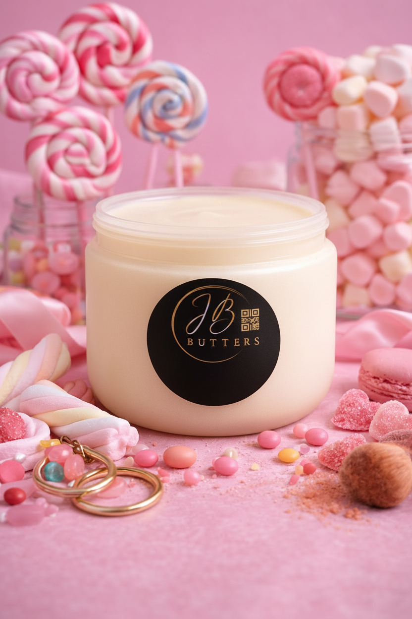Jar of JB Butters cream with pink candy and marshmallows in the background