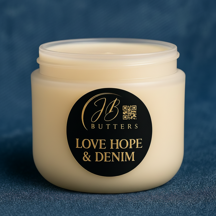 Jar of JB Butters cream with 'Love Hope & Denim' label on a blue background