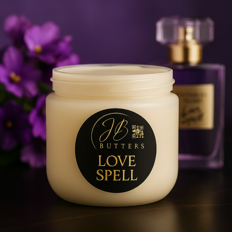 Jar of JB Butters Love Spell cream with a purple flower and perfume bottle in the background